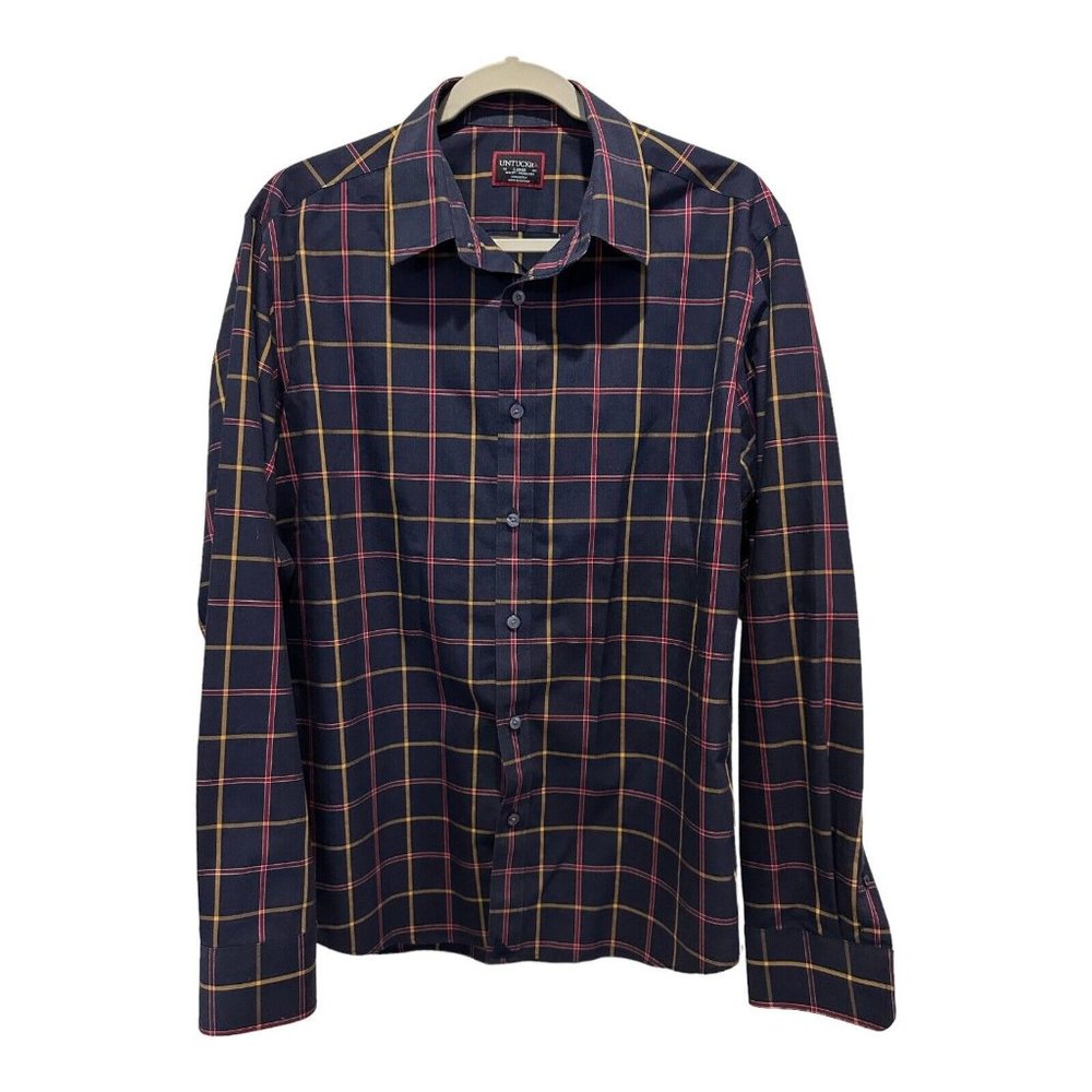UNTUCKit Mens Button Front Shirt Navy/Red Plaid Wrinkle Free Size L Slim Fit euc